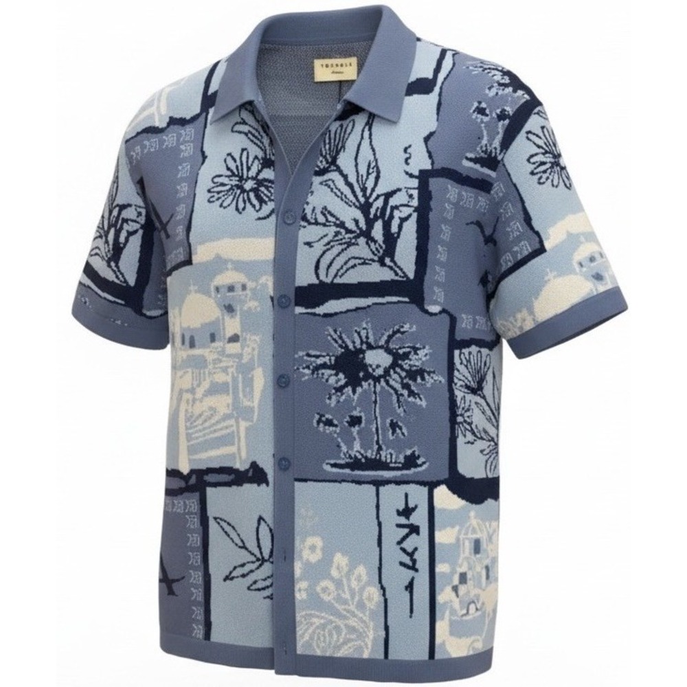 New Youngla Blue Floral Abstract Collared Short Sleeve Cardigan Sweater Mens Med